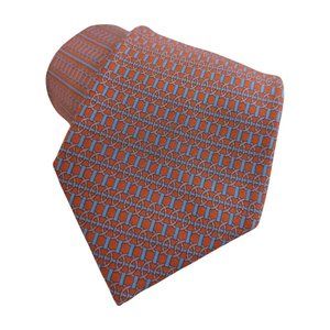 Hermes Rust and Blue Color Geometric Print 100% Silk Neck Tie